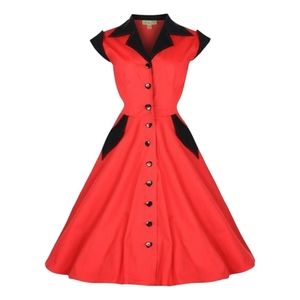 Lindy Bop Heart Buttons Pockets Swing Shirt Dress
